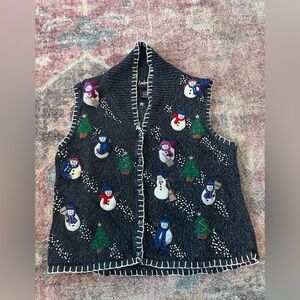 Christmas Holiday Snowman Sweater Vest Button Up Beads Embroidery Size Large